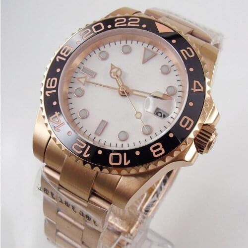 40mm Mechanical Wristwatch Mens Sapphire Glass White Sterile Date Miyota 8215 Rose Gold Oyster Band Rotating Ceramic Bezel