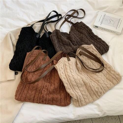 Handmade Lady Retro Chic Crochet Handbag Korean Fashion Knitting Hollow Out Vest Shape Black Coffee With Leather Shoulder Strap