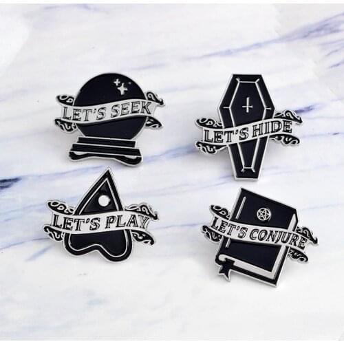LETS SEEK HIDE PLAY CONJURE Enamel Pins Coffin Witch book Magic ball Badge Gothic Brooches Dark Jewelry Gifts for Women Men