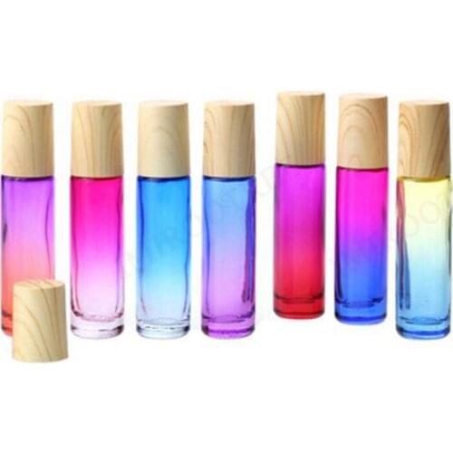 Freeship 3pcs 10ml Colorful Thick Glass Roller Essential Oil Perfume Bottles with Wood Grain Cap Metal Roller ball Bottles