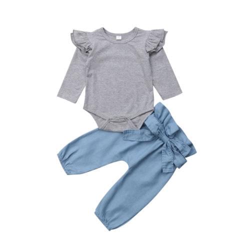 Toddler Infant Baby Girl Cotton Tops Solid Long Sleeve Romper Bowknot Denim Pants Outfits Clothes