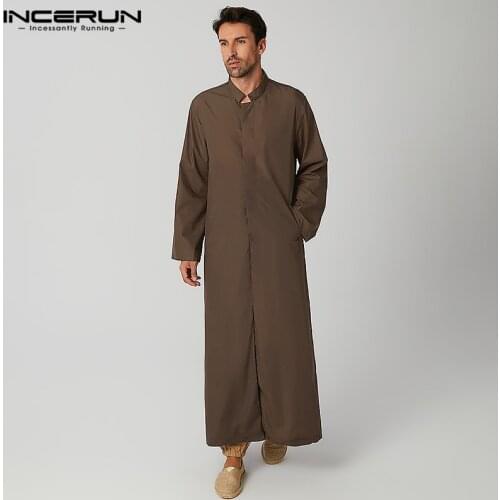 INCERUN Men Solid Muslim Long Tops Vintage Autumn Long Sleeve Stand Collar Abaya Jubba Man Covered Buttons Islamic Clothing 5XL7