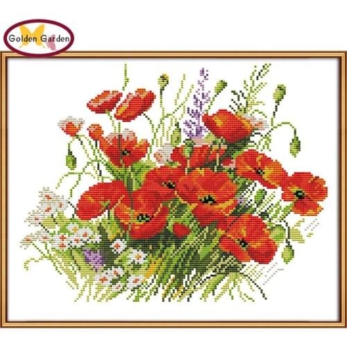 GG Blooming Flowers Stamped Cross Stitch Patterns DIY Kits 14CT11CT Chinese Needlework Embroidery Sets Joy Sunday for Home Decor