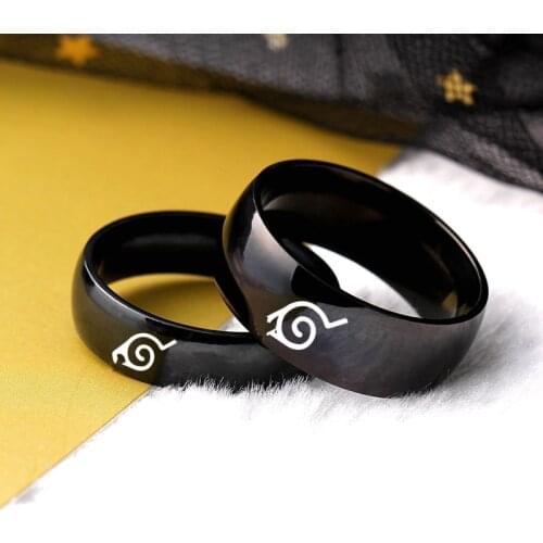 Black Titanium Steel Couple Ring for Women and Man Lovers Ring Stainless Steel Narute Ring Leaf Konoha Village Symbal Logo Sign