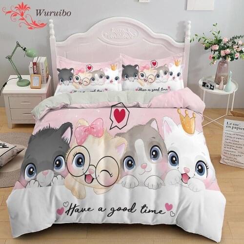 Cartoon Animals Childrens Bedding Set Kawaii Boy Girl Duvet Cover Set Cute Cats Quilt Single Double King Size Bedding Cover Set