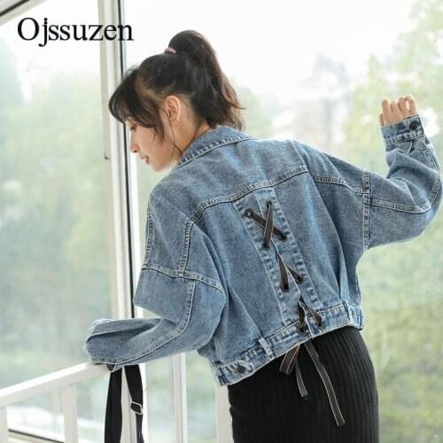 Womens Fashion Denim Jacket Short Spring Clothes Woman Lace Up Crop Jackets Female Long Sleeve Ladies Coat