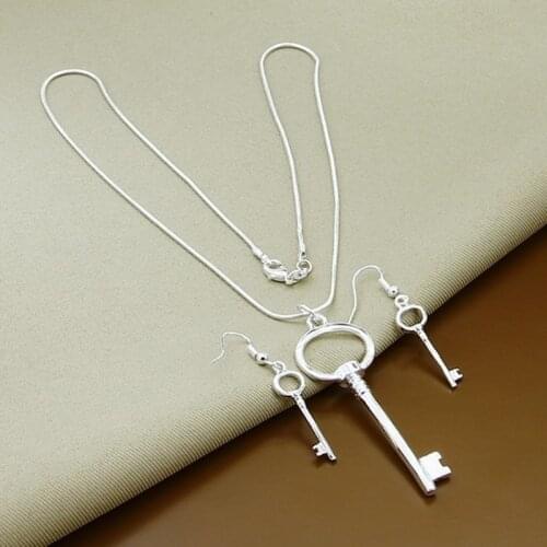 New Fashion Jewelry Sets 925 Sterling Silver Simple Key Pendant Necklace Earrings Set Wholesale