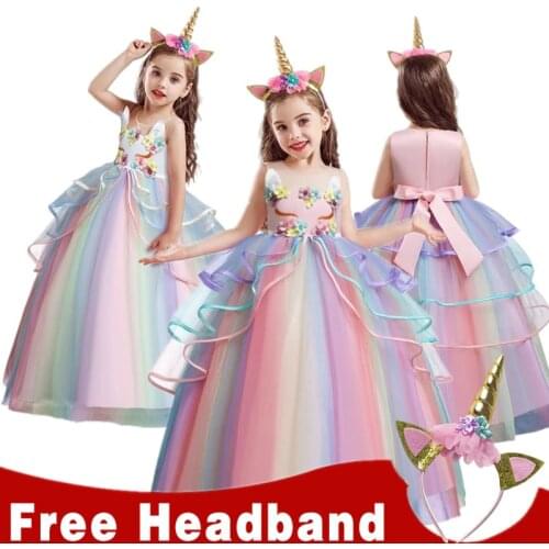 Princess Party Dress Unicorn Birthday Children Clothing Appliques Wedding Gown Kids Dresses for Girls Floral Elegant Vestidos