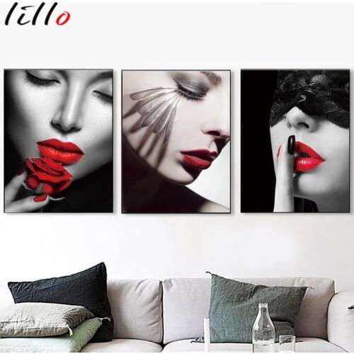Sexy red lips woman mural print fashion woman poster art canvas beauty wall painting modern home decor