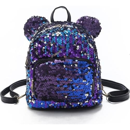 Glitter Women Sequins Backpack Cute Ears Double Shoulder Bag Mini Bling Backpacks Children Girls Sequined Travel Knapsack