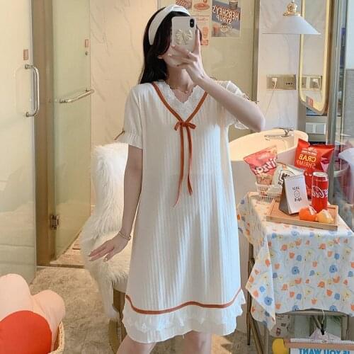 Short Sleeve Nightdress Female Thread Cotton Sweet Summer V-neck Lace Nightgown Lady Solid Loose Home Dress Princess Nightwear