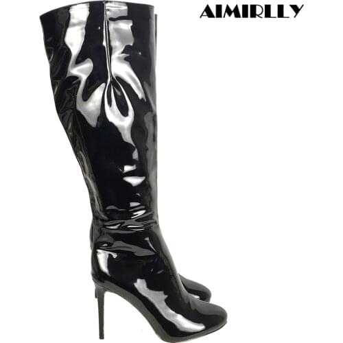 Womens Shoes Round Toe High Heels Knee Boots Full Zipper Black Ladies Winter Female Footwear Patent Leather Pull On