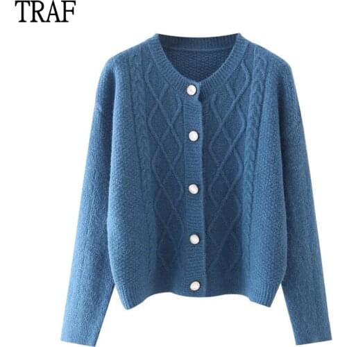 TRAF Za Woman 2021 Cardigan Woman Knitted Sweater Autumn Long Sleeve Top Women Clothing Chic Buttons Casual Korean Female Coat