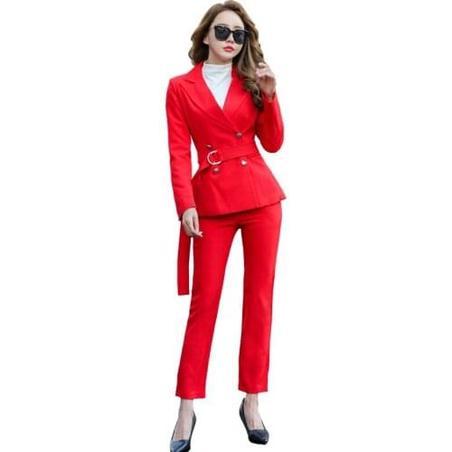 Set female new temperament red long-sleeved fashion small suit jacket + slim suit trousers two-piece suit