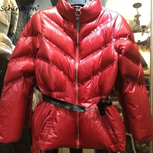 Schinteon Women Down Jacket Slim Coat Outwear Adjustable Waist White Duck Down Fashionable Clothing Red Top Quality