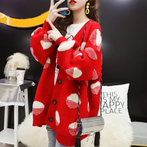 Thick warm sweater cardigan womens paragraph autumn 2021 new loose long-sleeved dot pattern jacket korean version clothing