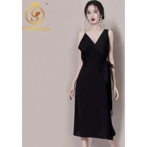 SMTHMA Women Sexy Spaghetti Strap Summer Dress 2021 New Ruffles V-Neck Black Dresses High Quality Party Vestidos