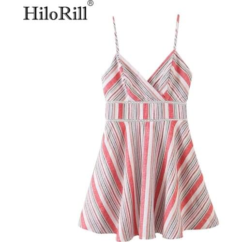 HiloRill A Line Striped Dress Women Lace Patchwork Spaghetti Strap Party Dress Sexy Sleeveless Backless Casual Mini Dresses