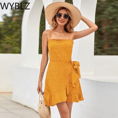WYBLZ Summer Polka Dots Dress Elegant Yellow Chiffon Backless Boho Beach Party Mini Dresses for Women 2021 Vacation Sundress S L