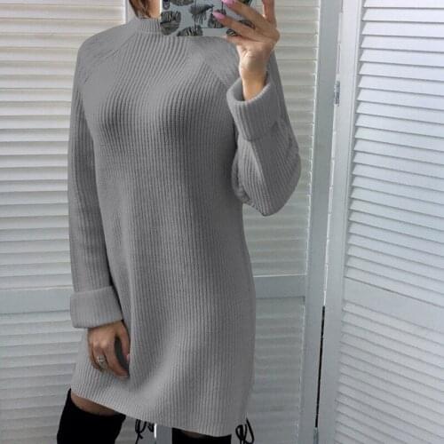 Autumn Winter New Elegant Fashion Turtleneck Long Sleeve Womens Mini Dress Casual Loose Solid Ladies Knit Mini Dresses