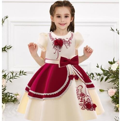 2021 Vintage Embroidery Flower Kids Dress For Girl Children Clothes Prom Party Short Sleeve Princess Dresses Girls Gown Vestido