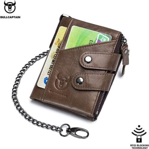 Brand Zipper Chains Hasp Wallet for Men Genuine Leather Multifunction RFID Small Money Card Holder Mini Coin Purse Male Wallets