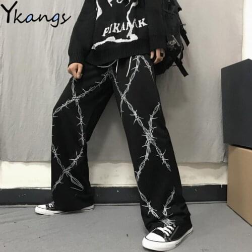 Baggy Pants Thorns Printed Women Elastic Waist Loose Wide Leg Pants Hip Hop Streetwear Harajuku Retro Grunge Dark Pants Unisex
