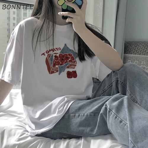 Women T-shirts Couple Printed O-neck Simple Basic All-match Casual Soft Loose Harajuku Fashion Ulzzang Chic Student Females New