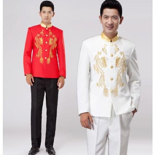 White red stand collar embroidery chinese tunic suit set men suit latest coat pant designs mens suits with pants wedding groom