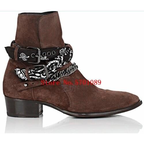 Cowboy Boots Western Rock Cowboy Boots Bandana Strap Suede Jodhpur Kanye West Boots Metal Buckle Chain Bandana Buckle Boots Shoe