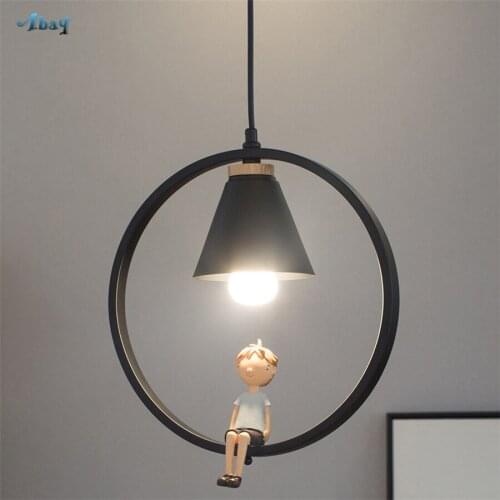 Creative Children Room Girl Lamp Resin Puppet Ring Shape Pendant Lights Romantic Kids Bedroom Led Wood Hanging Light Fixtures