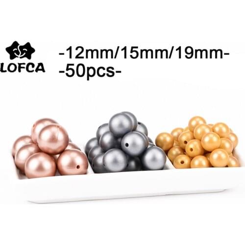 LOFCA 50Pcs metallic silver Print 12/15/19mm Silicone Loose Beads DIY Chewable Teething Beads BPA Free Baby Teether