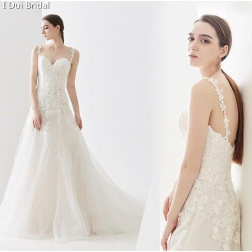 Sweetheart Spaghetti Strap A Line Wedding Dress with Lace Appliques Bridal Gown Custom Make 2020