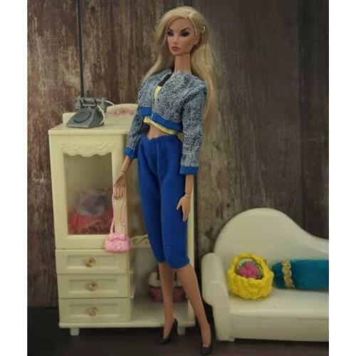 Fashion 11.5" Doll Outfits for Barbie Doll Clothes Blue Coat Tube Top Cropped Pants Trousers 1/6 BJD Dolls Accessories Baby Toys