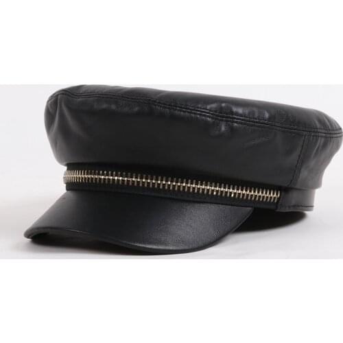 Fashion ladies military cap women genuine leather hat black lather cap