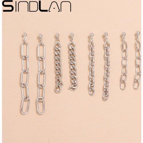 Sindlan 4Pairs Simple Hollow Silver-Color Chain Drop Earrings Set for Women Punk Hip-Pop Geometric Female Fashion Ears Jewelry