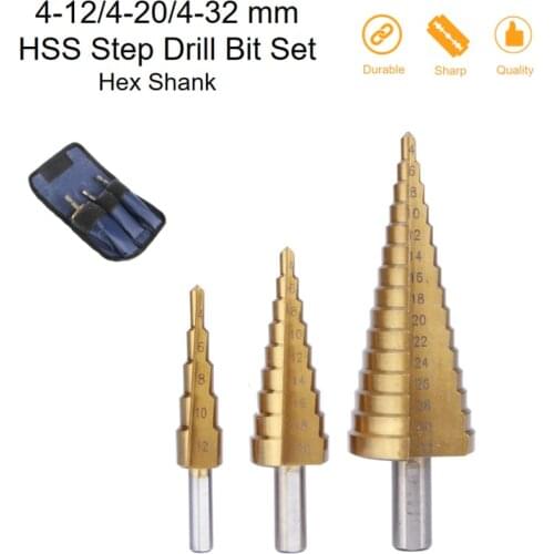3PCS Step Drill Bit Set Titanium Coated HSS Hex Shank Straight Groove Metal Wood Hole Cutter