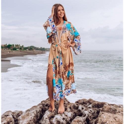 2020 Bikini Cover-ups Bohemian Print Belted Summer Beach Dress Women Plus Size Beach Wear Swim Suit Cover Up Robe De Plage