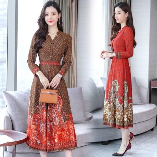 New Autumn Dresses Women Elegent A-line Dress Vintage Printing Party Vestidos Long Sleeved Stand Slim Women Casual Dress