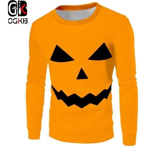 OGKB 3D Printed Funny Human Face Pumpkin Pattern Wholesale Lady Sweatshirt Leisure Halloween Yellow Lovely Pullover 6XL