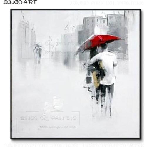 Professional Artist Hand-painted High Quality Abstract Grey Landscape Oil Painting Simple Portrait with Red Umbrella Painting