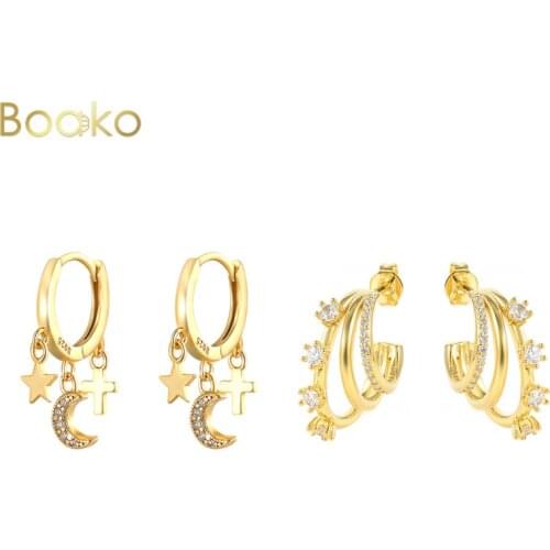 Boako Light luxury 925 Silver Moon Star Hoop Earrings Gold Ins Star Zircon Small Hoop Earrings For Women Korean Jewelry Gifts