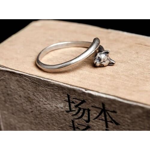 Dark Dream s925 Silver Creative Cute Simple Kitty Open Ring Size Adjustable Ring