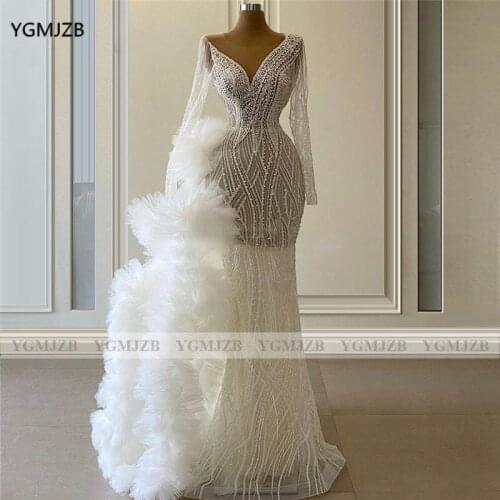 Glitter Beading Mermaid Evening Dresses Detachable Train 2021 V-Neck Illusion Long Sleeves Dubai Women Formal Party Prom Gown