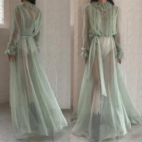 LO&LI Vintage Tulle Aso Ebi Bridal Robes Custom Made Long Sheer See Through Party Overlay Dress Plus Size Long Sleeves