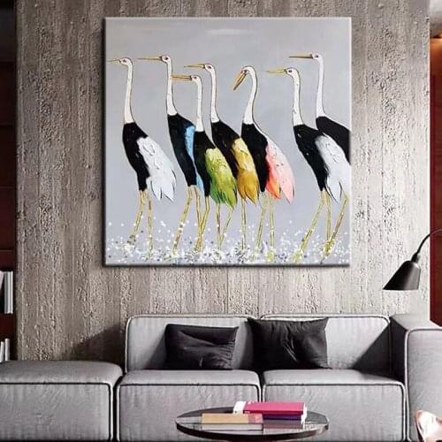 100% Hand Painted Handmade Egret Black White Green Blue Animal Abstract Oil Painting Wall Art Wall Pictures Room Decoracion