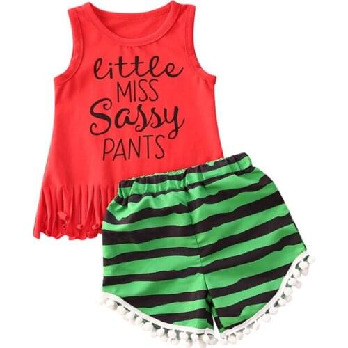 2020 Cute Newborn Kid Baby Girl Clothes 1-6T Summer Outfit Clothes Set Red Sleeveless Letter Top Stripe Pants Shorts 2PCS