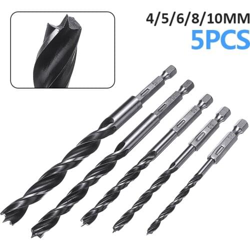 5Pcs Drill Bits Hex Shank Wood Drill Bit Set 4mm 5mm 6mm 8mm & 10mm Woodworking Power Tools Parts