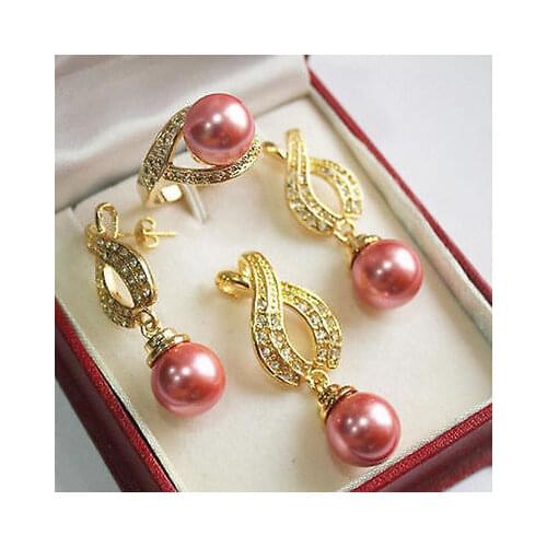Free Deliver Nobility Lucky Women 12mm Pink Shell Pearl Pendant Necklace Earrings Ring Set