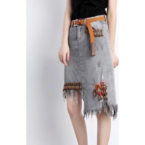 Brand Denim Skirts Womens Plus Size 4XL Elegant Office High Waist Asymmetrical Ripped Hole Tassel Wrap Knee Skirt Pocket